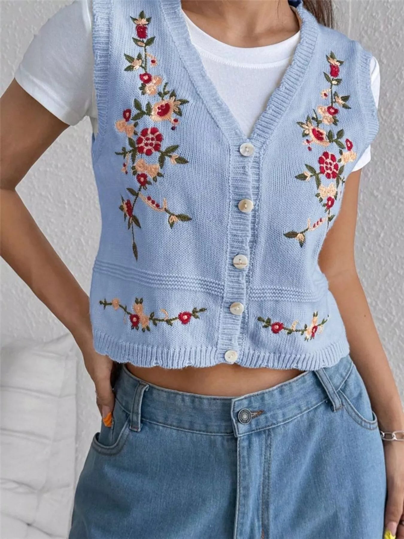 Chic Embroidered Button-Up Sweater Vest – Layer for Every Season Light Blue