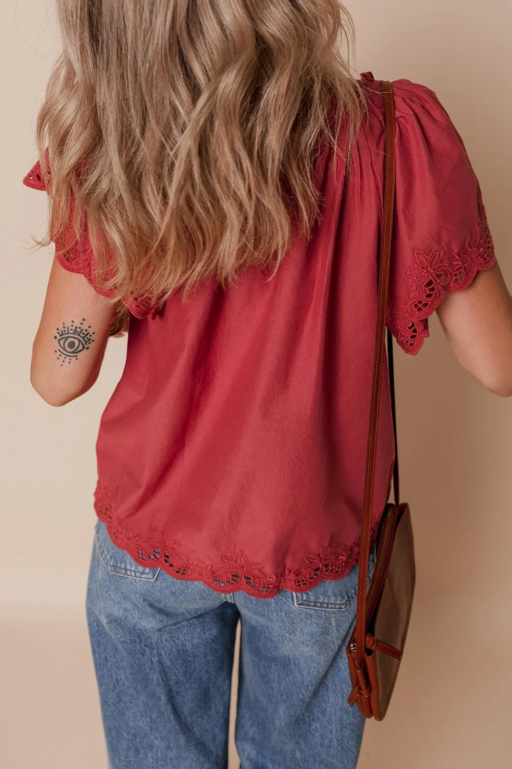 Floral Embroidered Scallop Trim Cotton Blouse