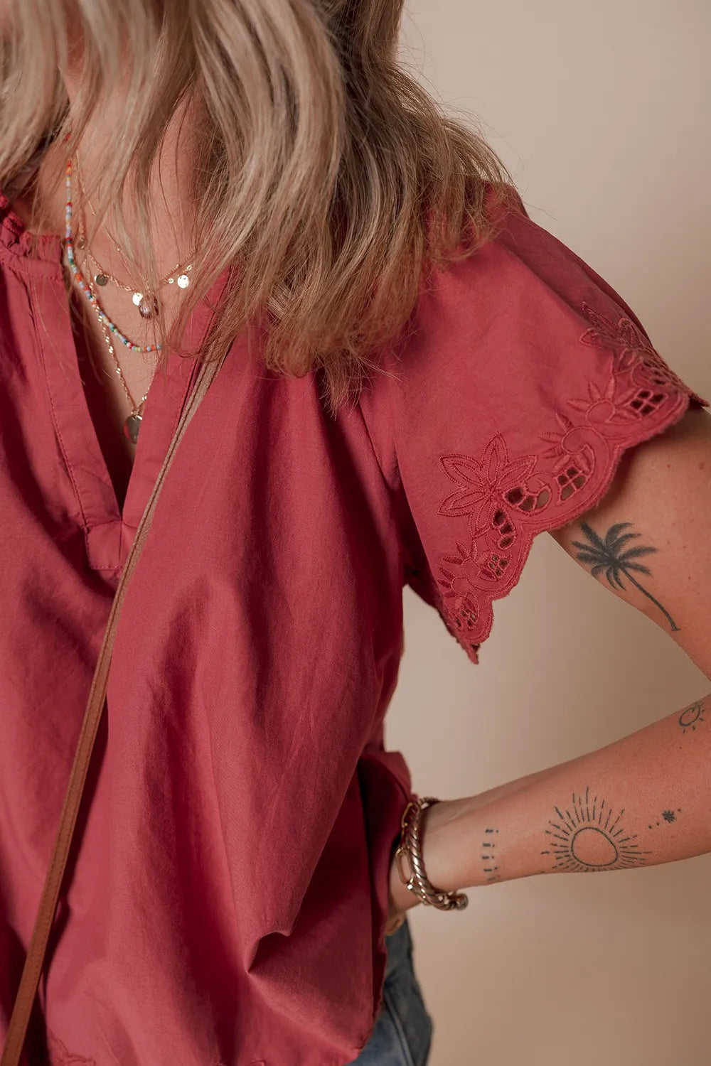 Floral Embroidered Scallop Trim Cotton Blouse