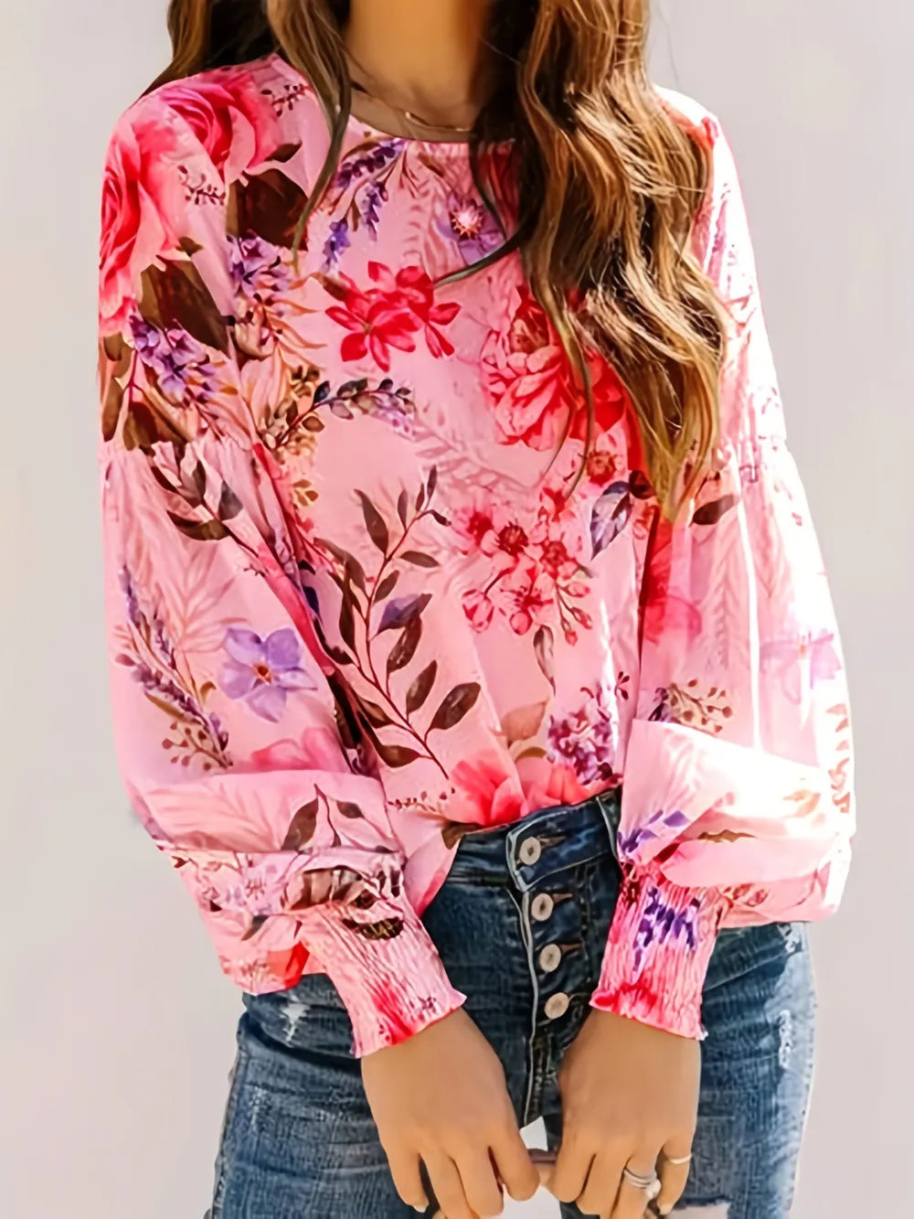 Elegra Smocked Round Neck Lantern Sleeve Printed Blouse Pink