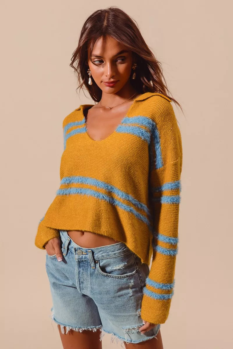 SO ME Fuzzy Striped Deep U-Neck Sweater – Oversized Cozy Top
