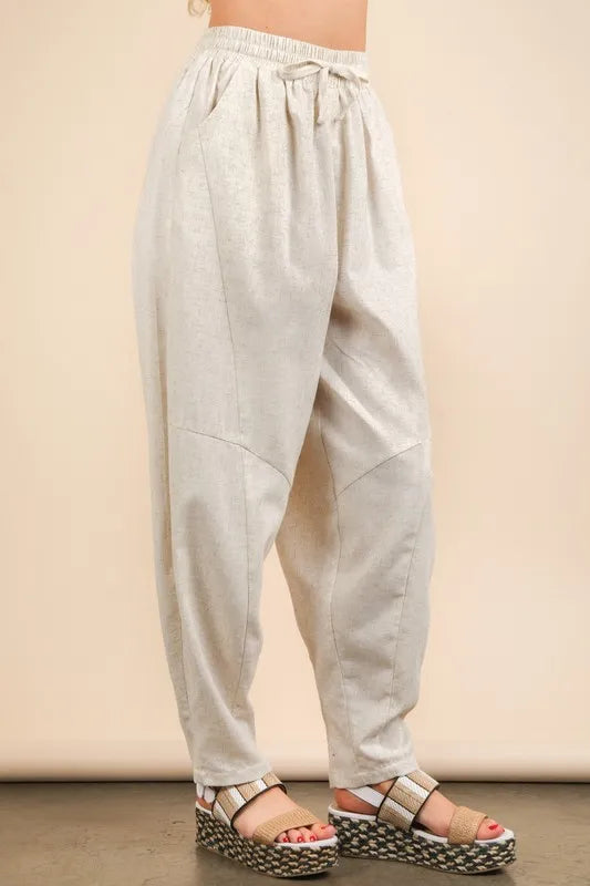 VERY J Solid Woven Barrel Pants with Drawstring Waist