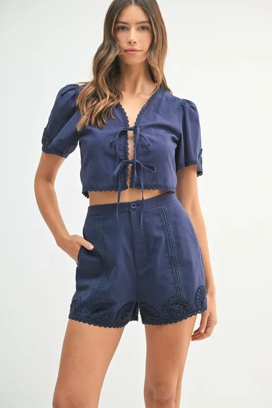 MABLE Crochet Lace Crop Top & Shorts Set - Elegant Two-Piece Outfit Light Navy