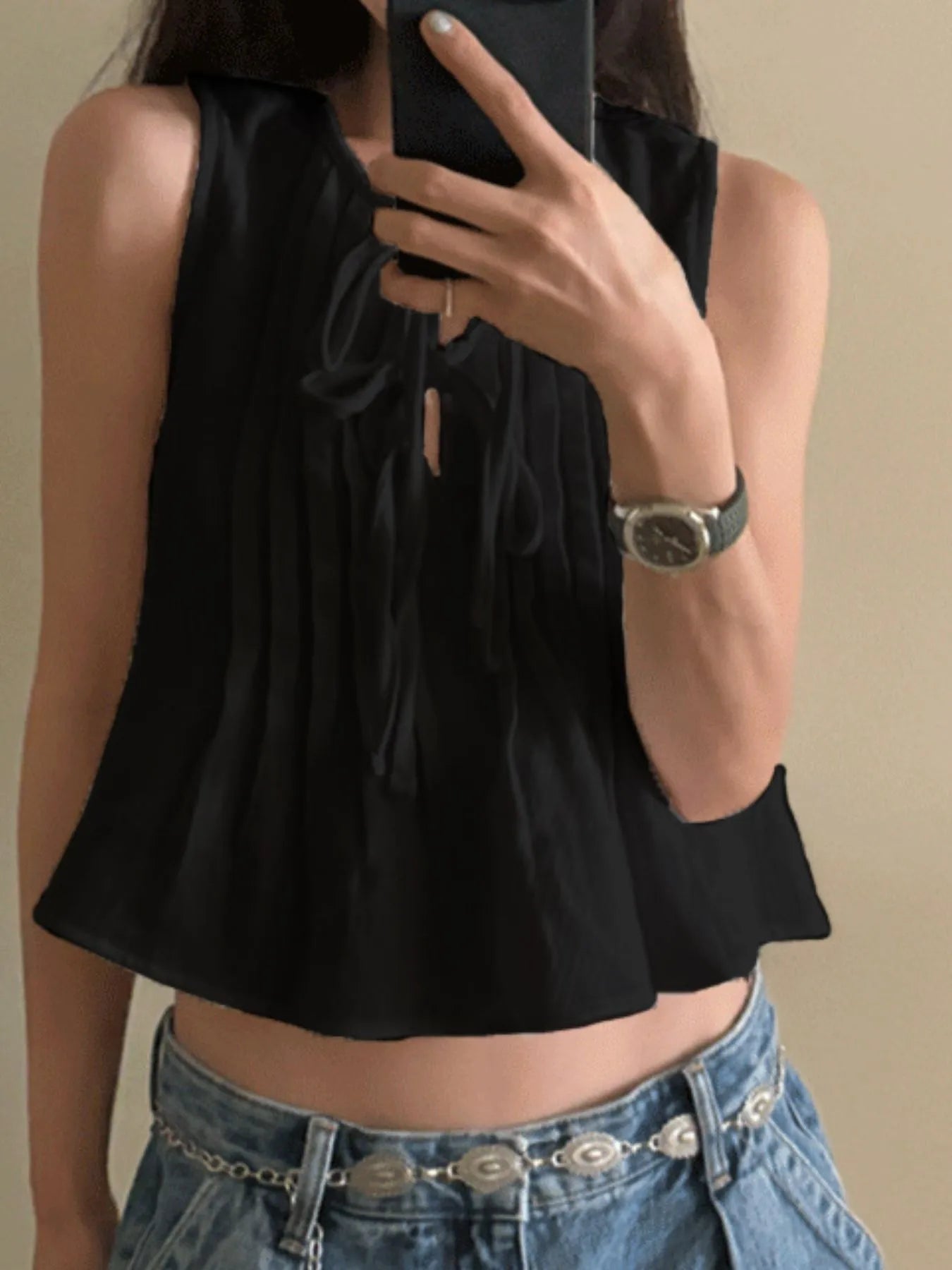 Tie-Front Sleeveless Summer Blouse – Lightweight Ruched Top Black