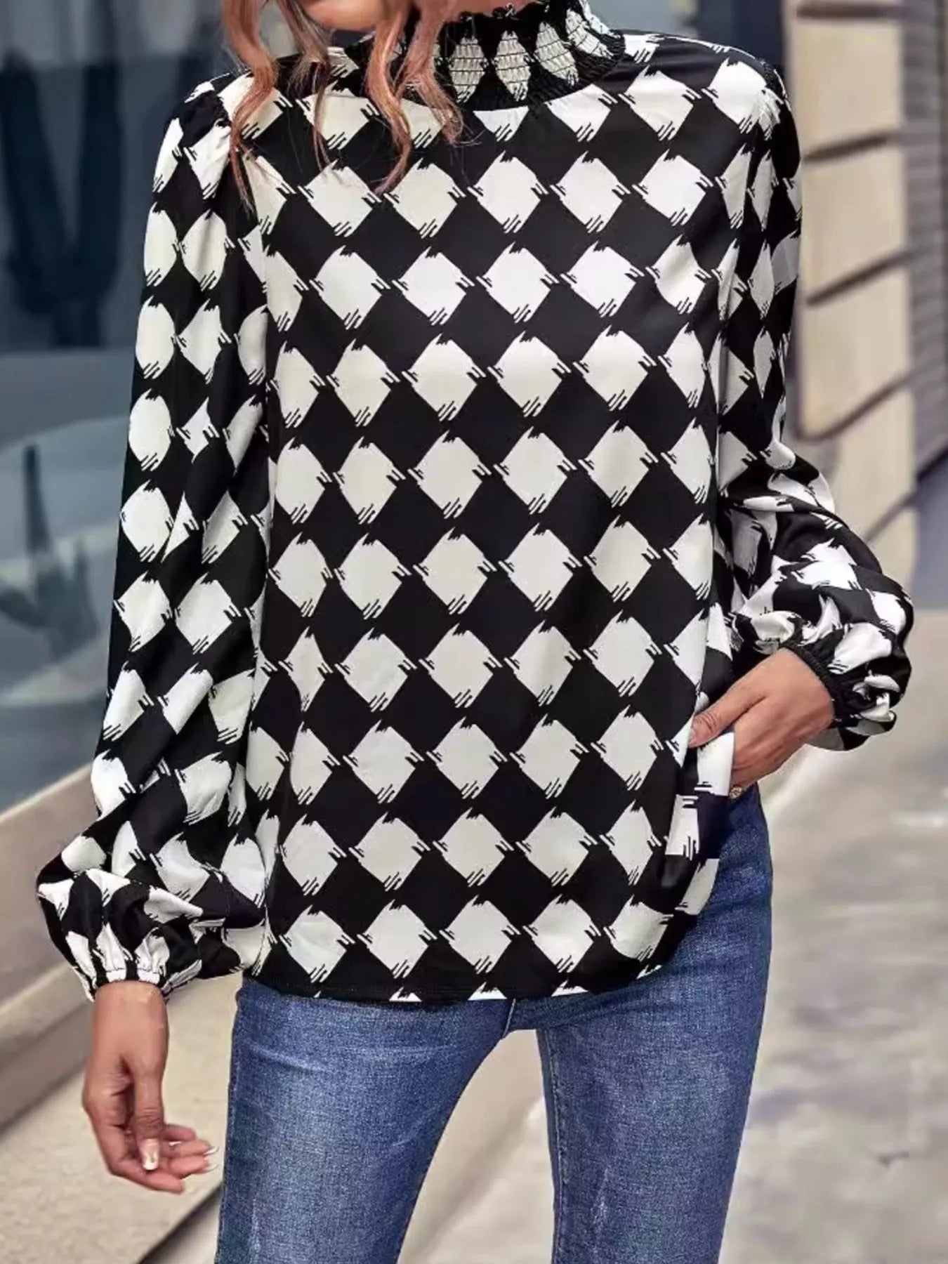 Checkered Pattern Balloon Sleeve Blouse – Cotton Blend Casual Chic Top