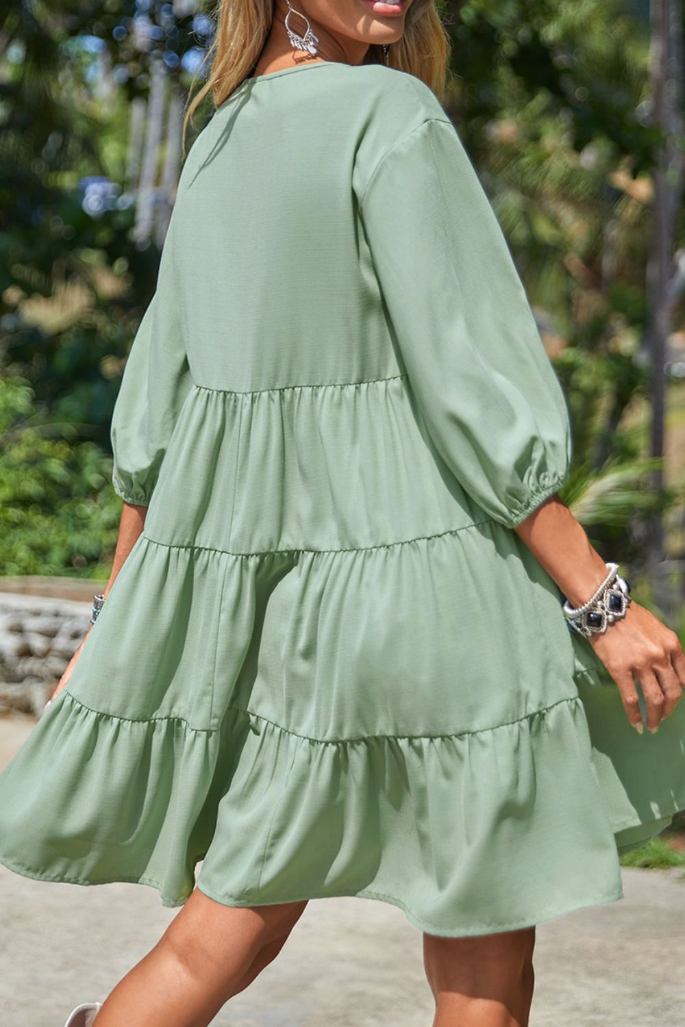 Embroidered Tie Neck Three-Quarter Sleeve Mini Dress