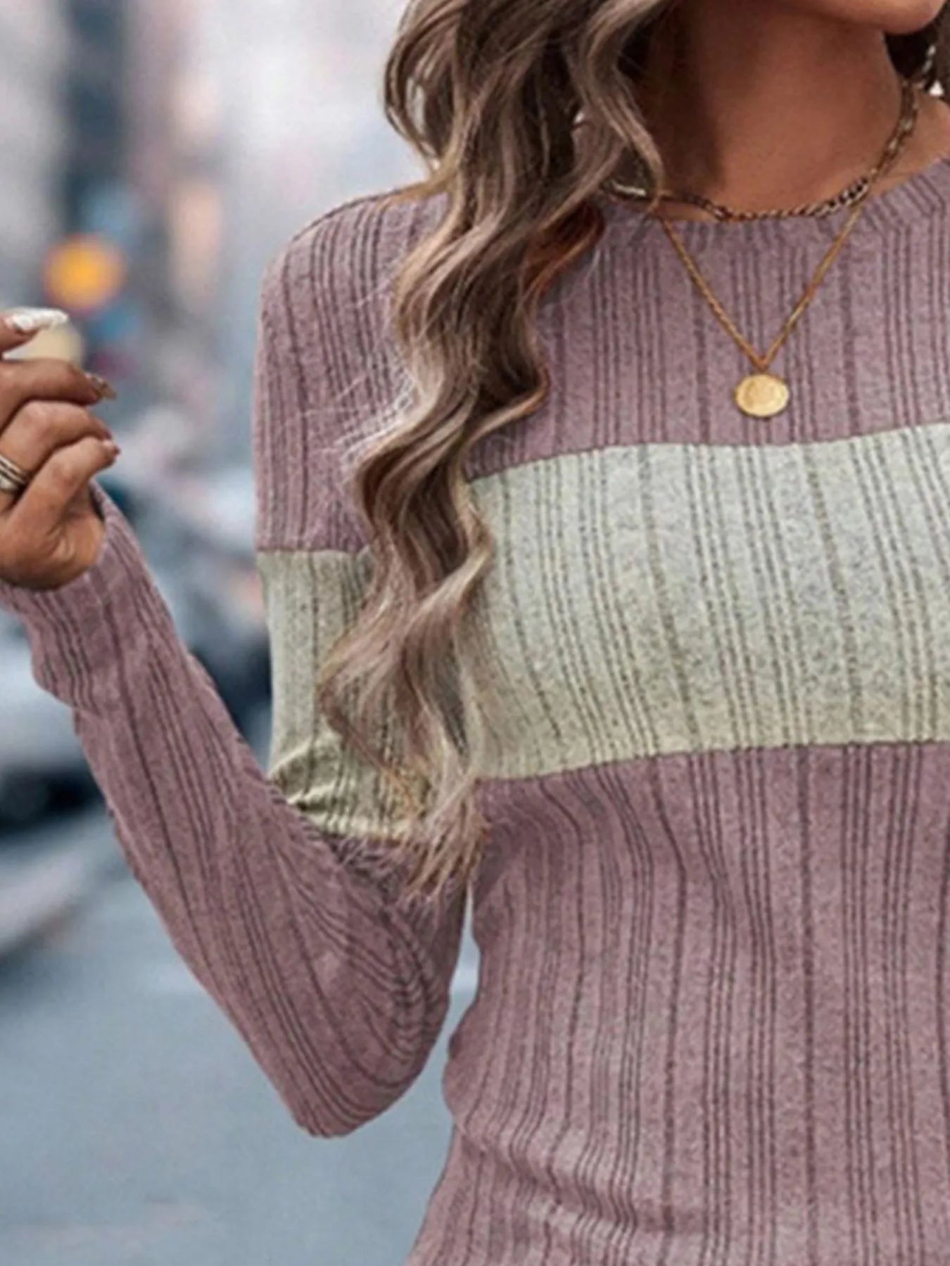 Color Block Round Neck Long Sleeve Sweater – Cozy & Stylish for Fall