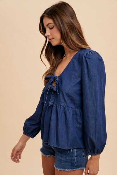 Annie Wear Tie-Front Peplum Denim Blouse - Chic & Feminine