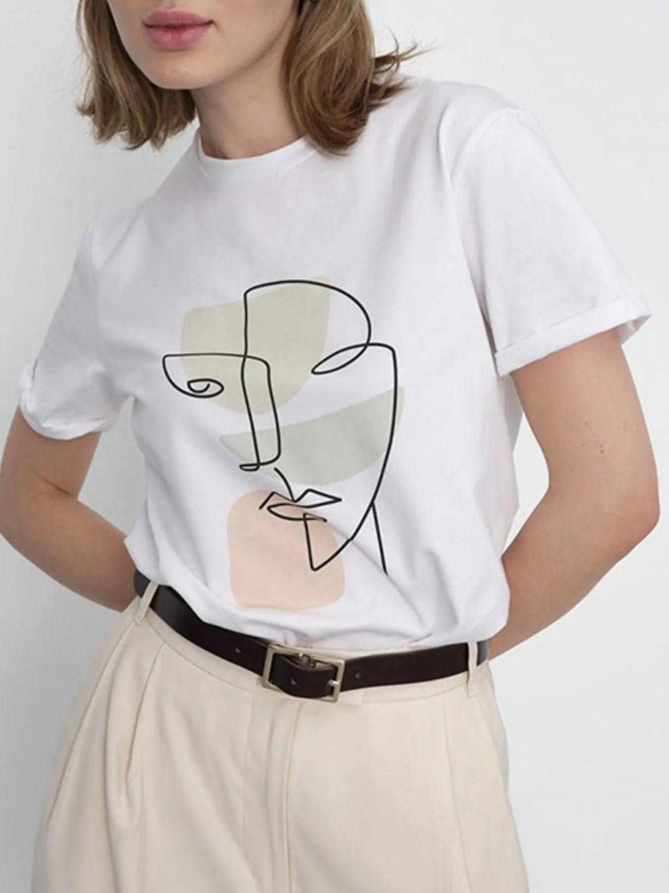 ArtMuse Abstract Face Graphic Round Neck T-Shirt Sage