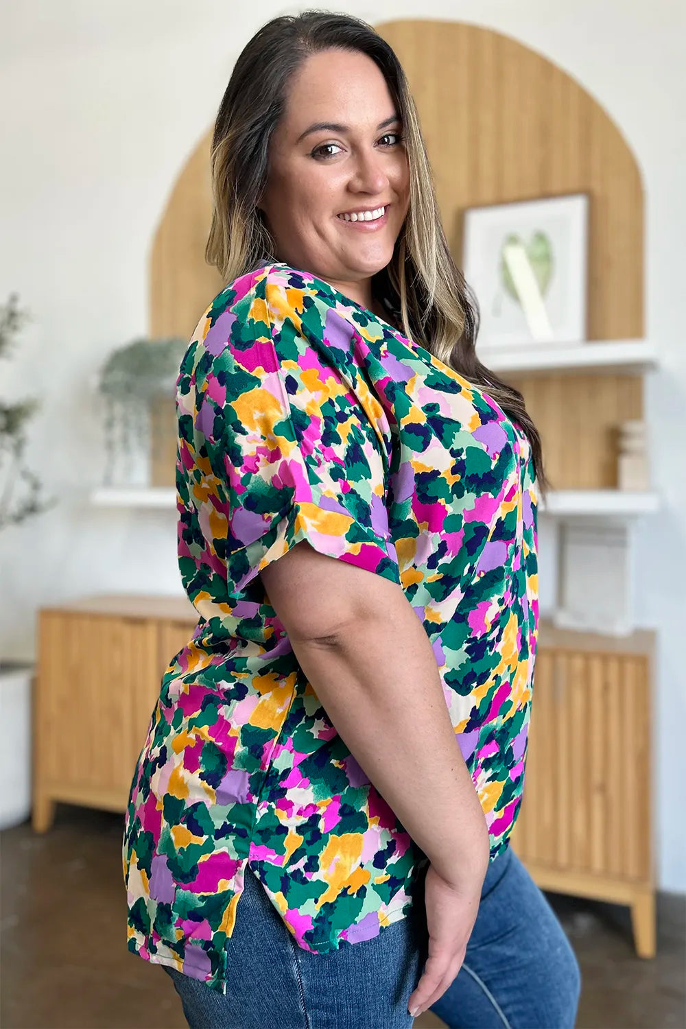 Double Take Plus Size Printed V-Neck Slit Top – Flowy & Chic