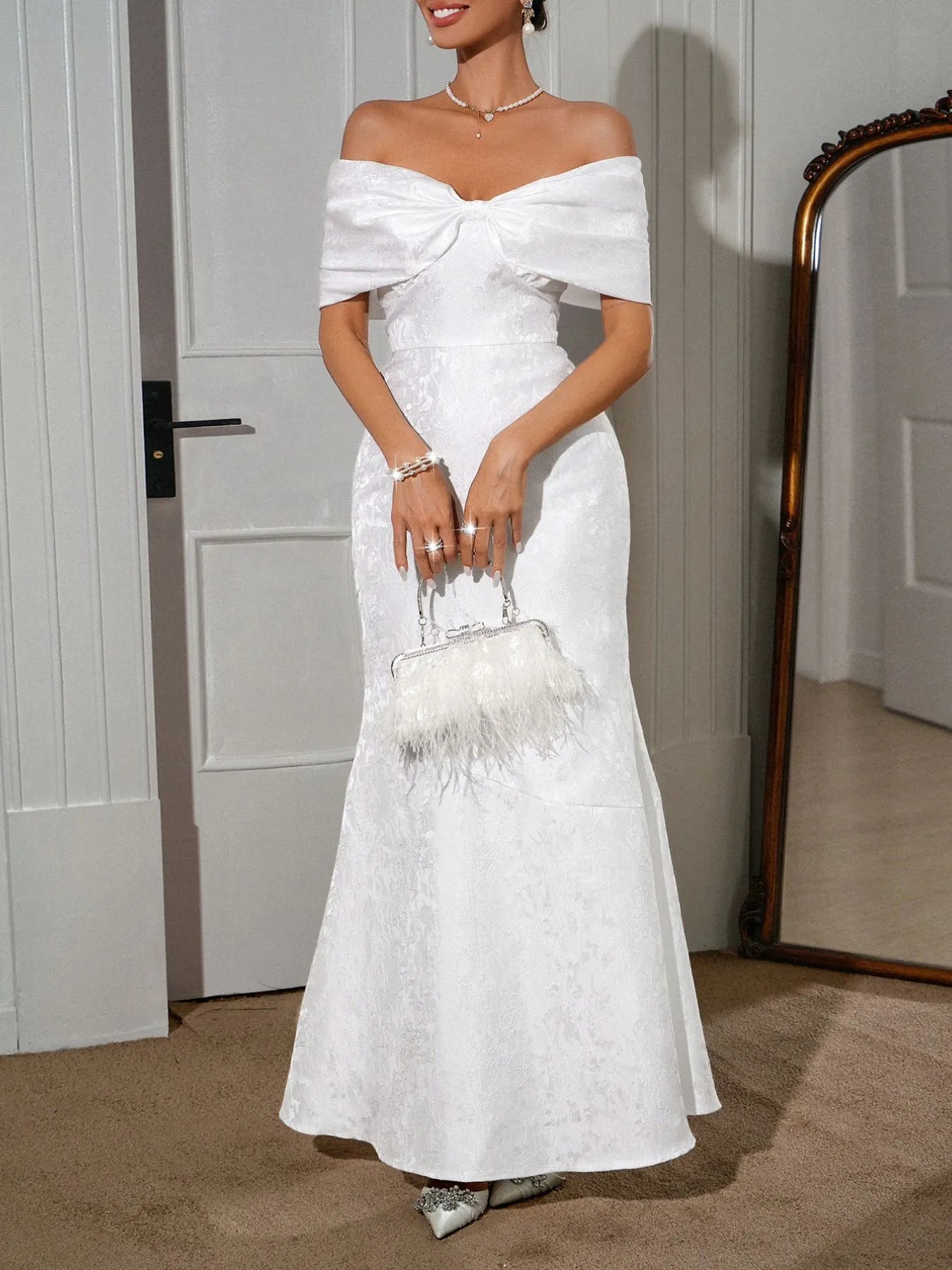Lace-Up Off-Shoulder Maxi Dress with Statement Bow Detail White