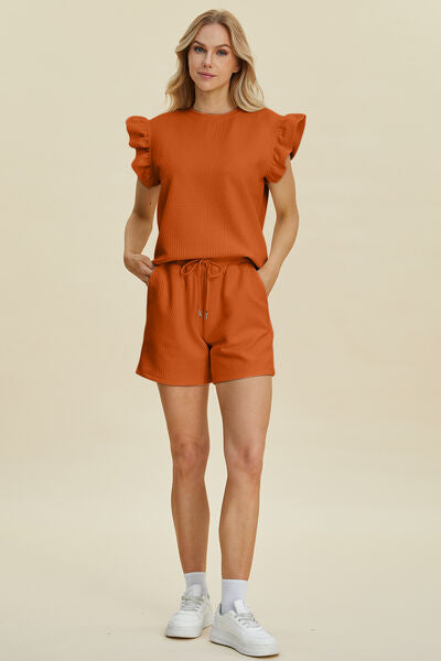 Textured Ruffle Sleeve Top & Shorts Set - Chic & Comfy