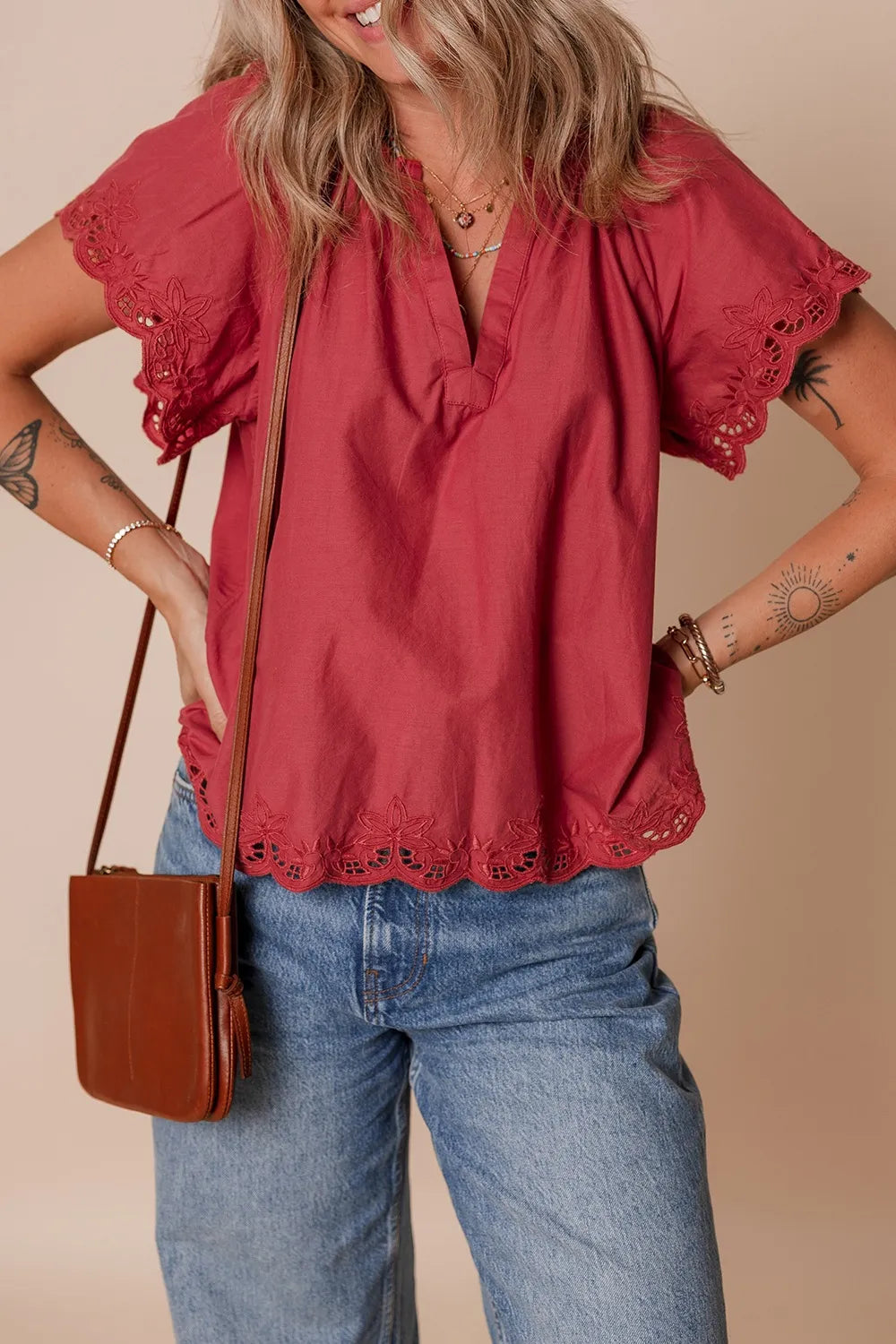 Floral Embroidered Scallop Trim Cotton Blouse Rust
