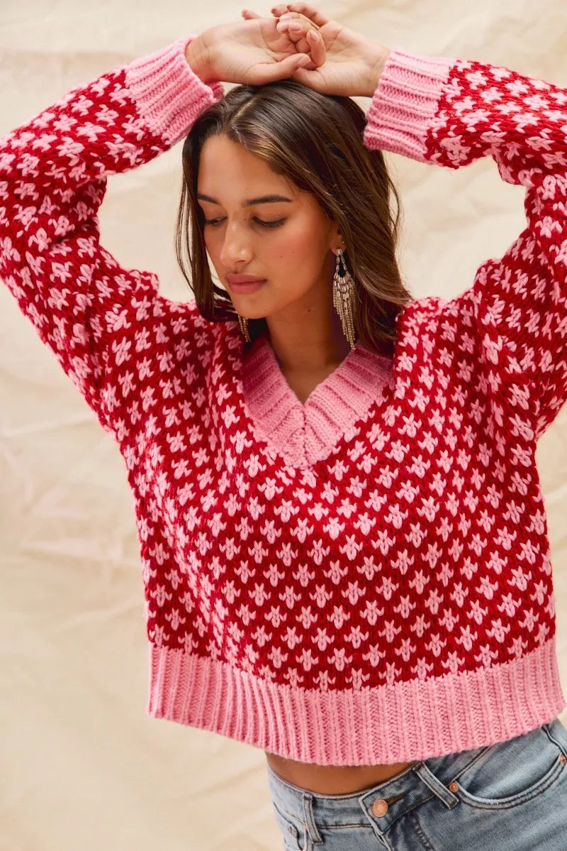 SO ME Color Block Textured V-Neck Christmas Sweater Top