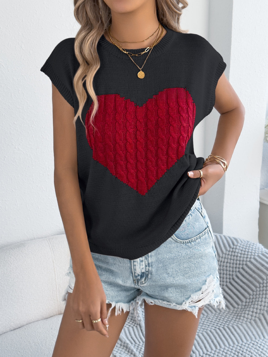 Cable Knit Heart Cap Sleeve Top - Soft & Stylish