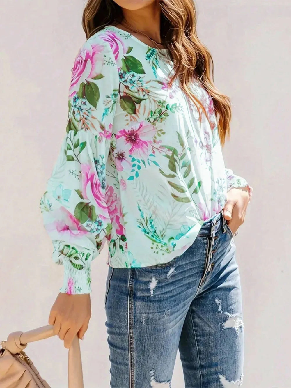 Elegra Smocked Round Neck Lantern Sleeve Printed Blouse