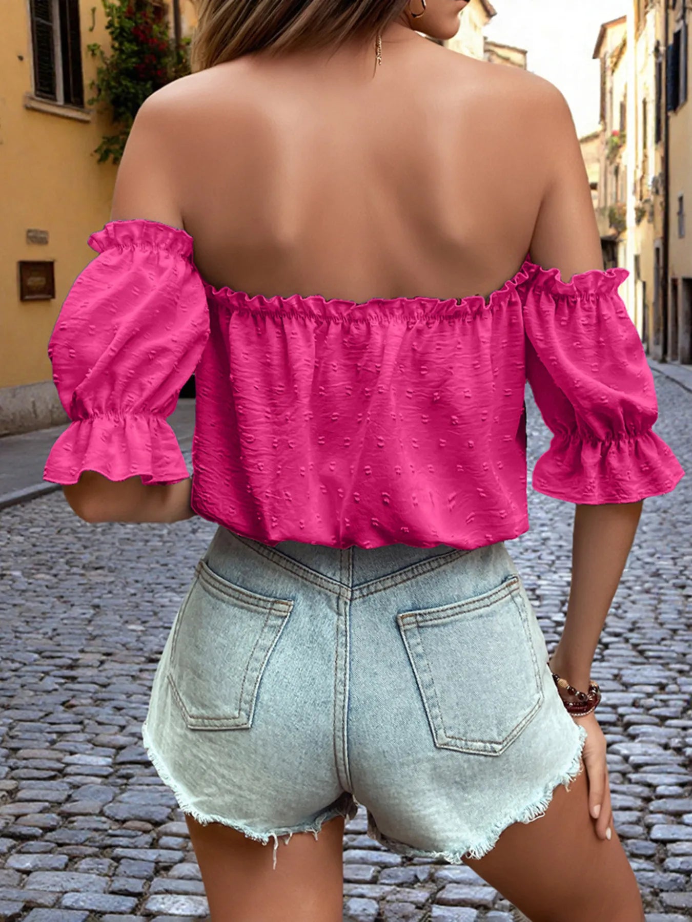Chic Off-Shoulder Swiss Dot Ruffle Blouse with Tie Front – Elegant and Feminine Style