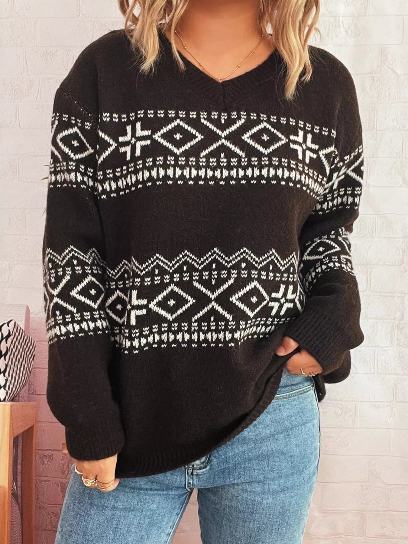 Geometric Print Dropped Shoulder Long Sleeve Sweater Brown One size