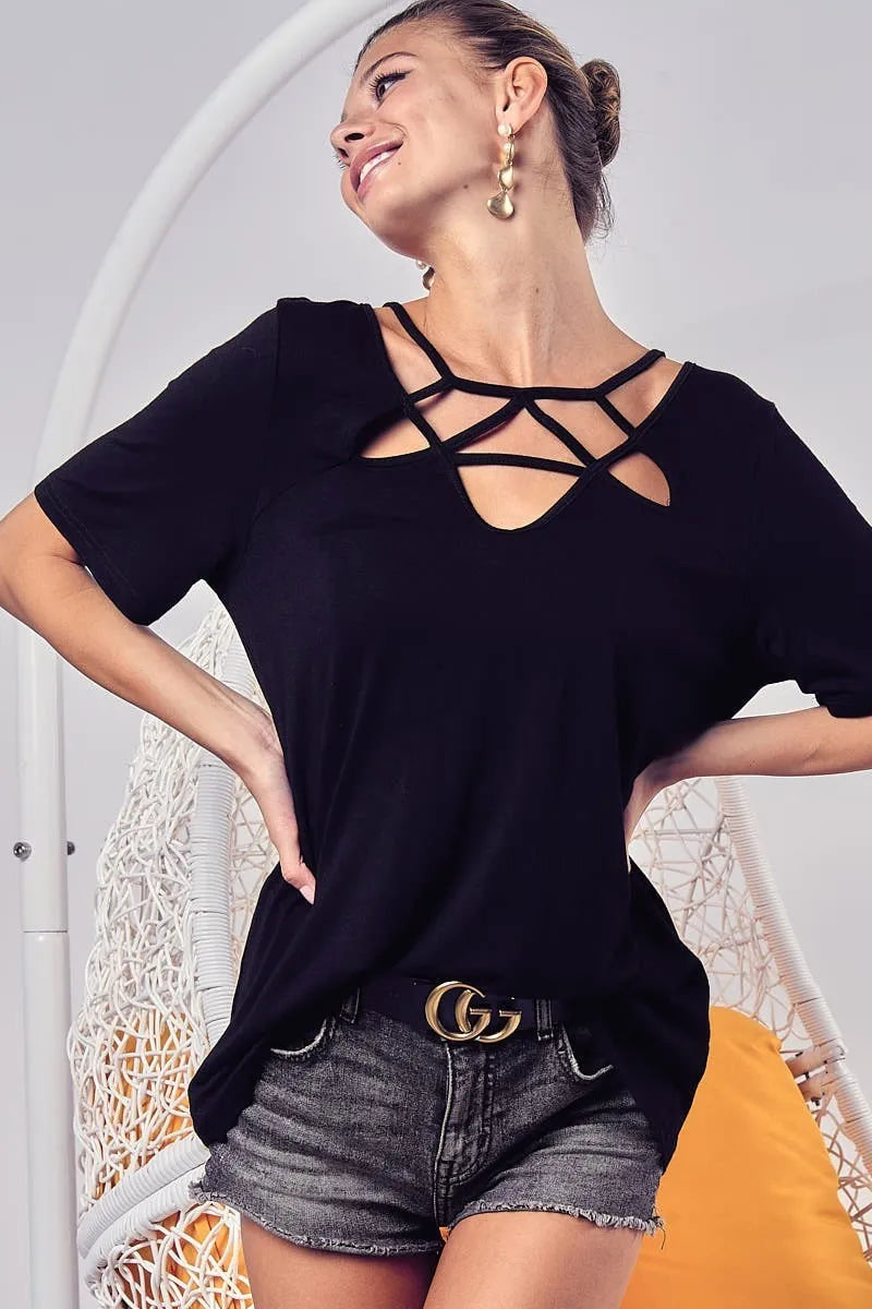 BiBi Silky Knit Top with Front Details Black