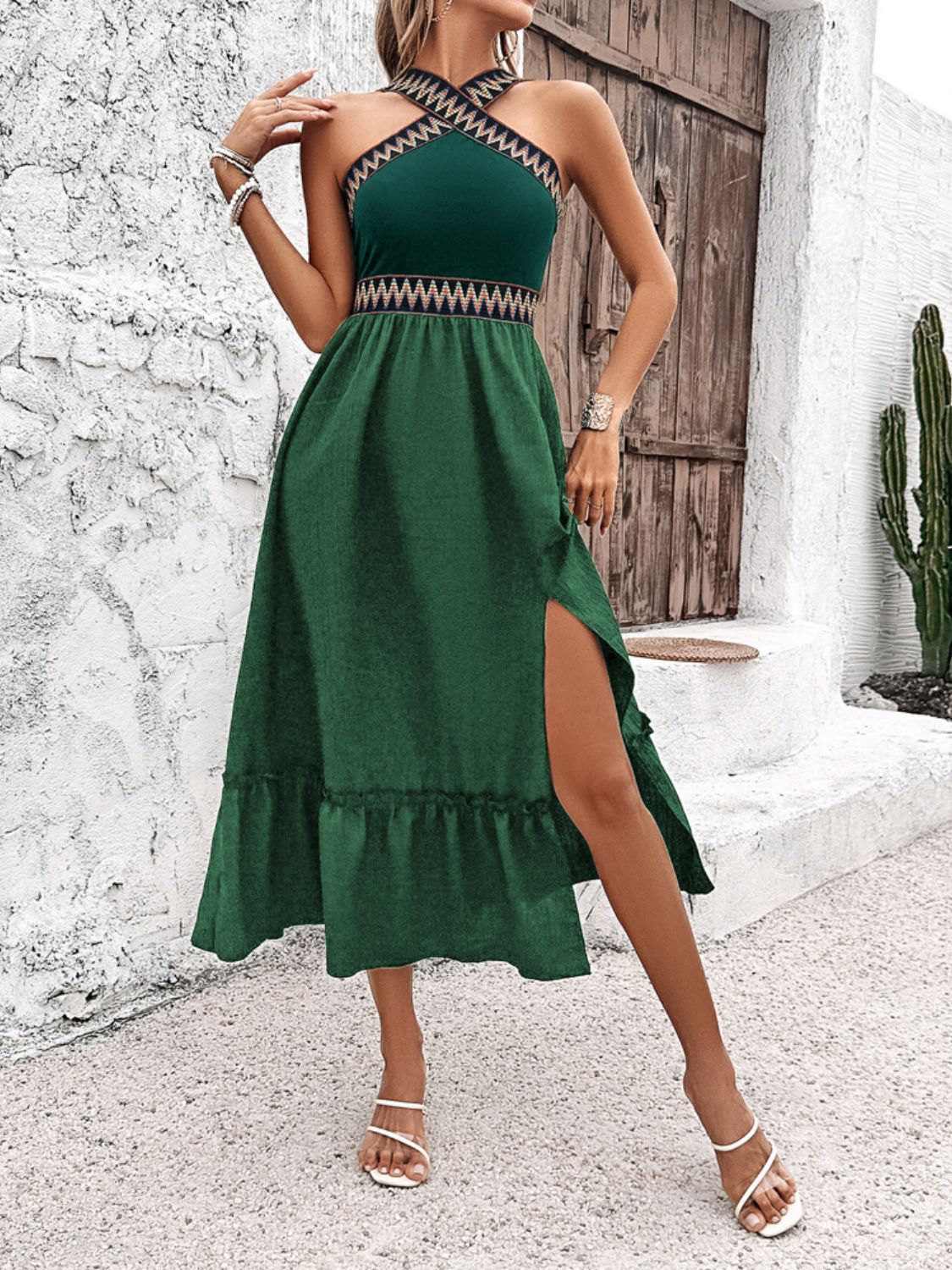 Devine Ruffled Slit Sleeveless Midi Dress - Elegant & Chic