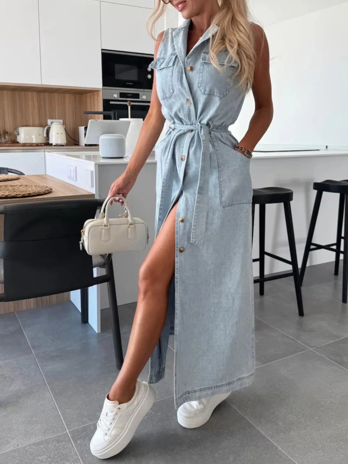 Sleeveless Button-Front Denim Maxi Dress with Belt Light Blue
