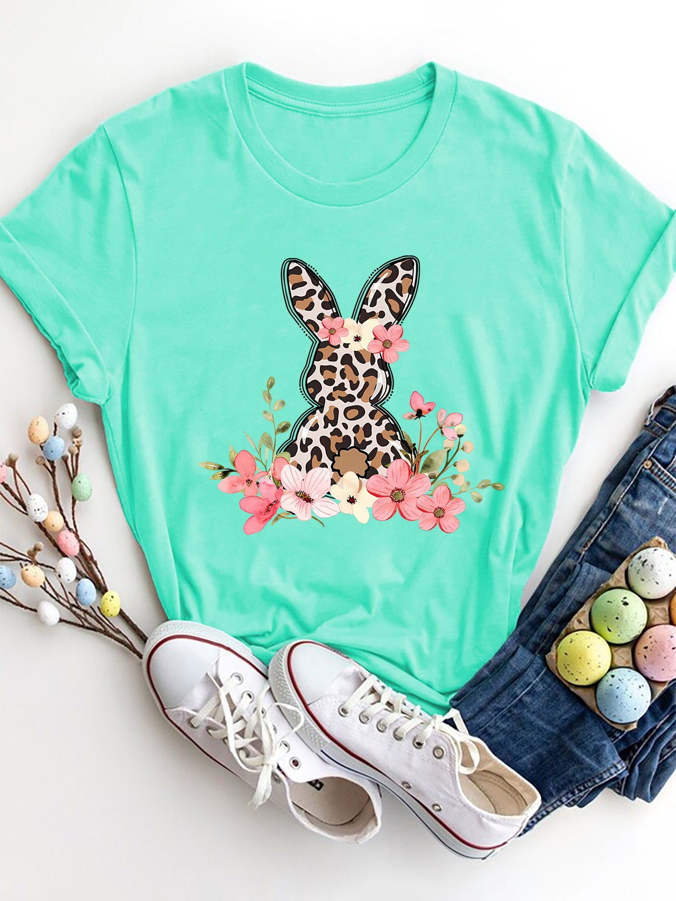 Rabbit Round Neck T-Shirt - Cute & Casual Print Tee Aqua