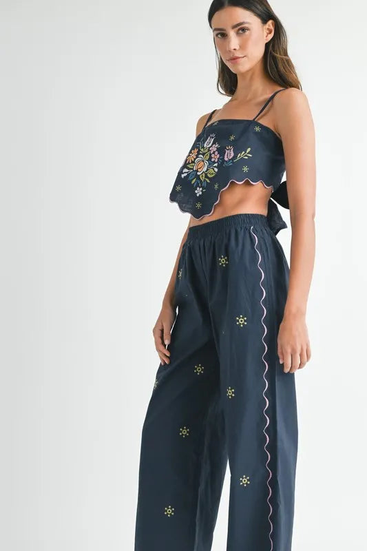 MABLE Elegant Linen Embroidered Scarf Top & Pants Set