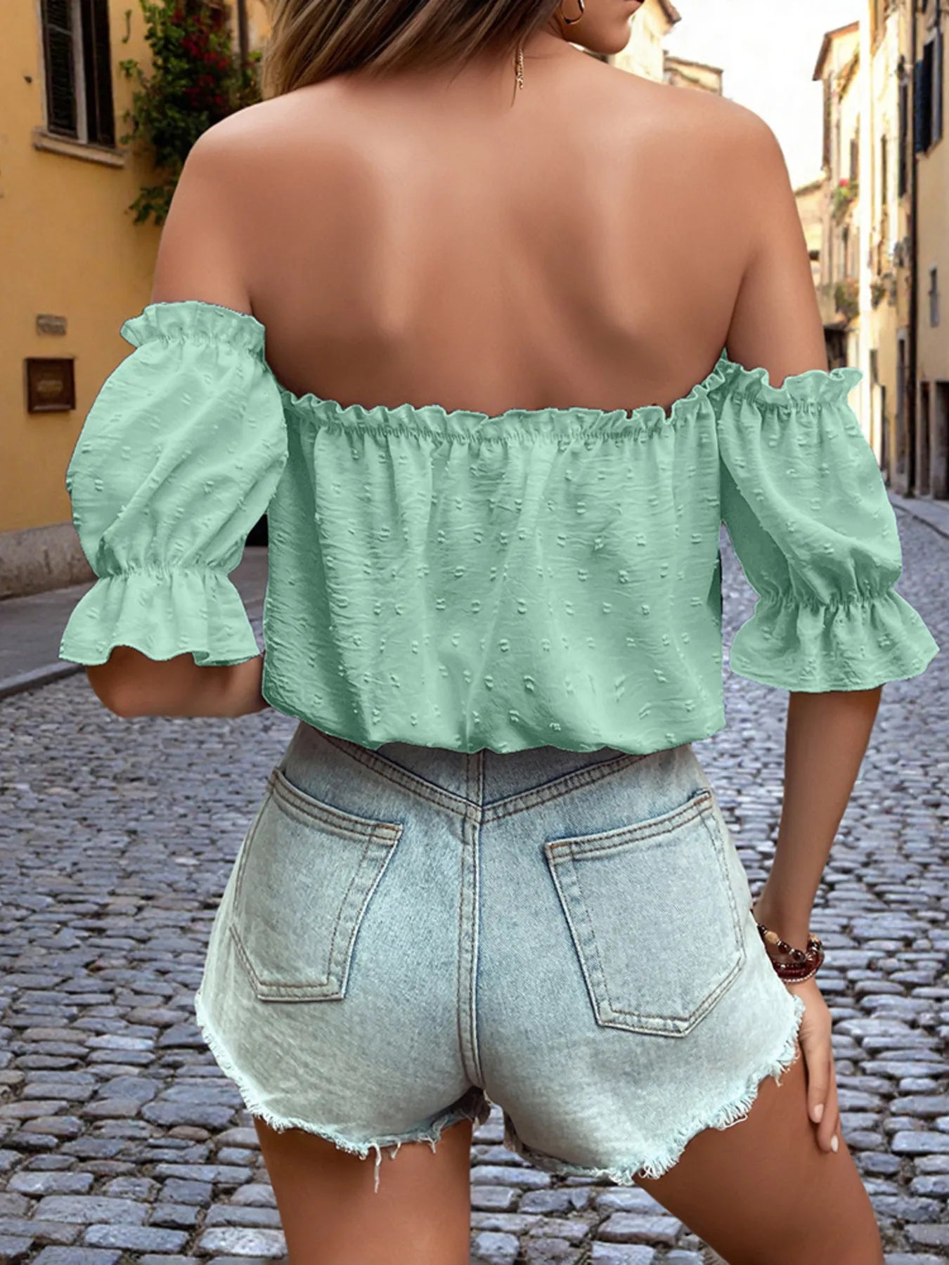 Chic Off-Shoulder Swiss Dot Ruffle Blouse with Tie Front – Elegant and Feminine Style