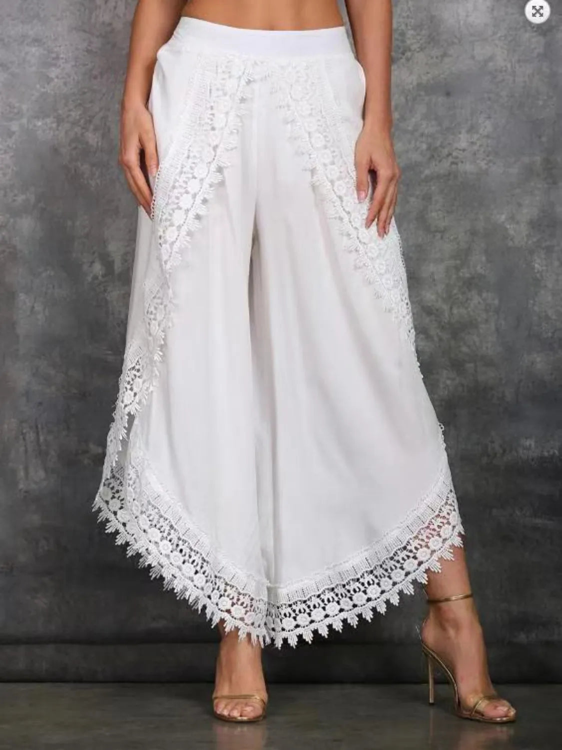 Full Size Lace Detail Wide Leg Pants White