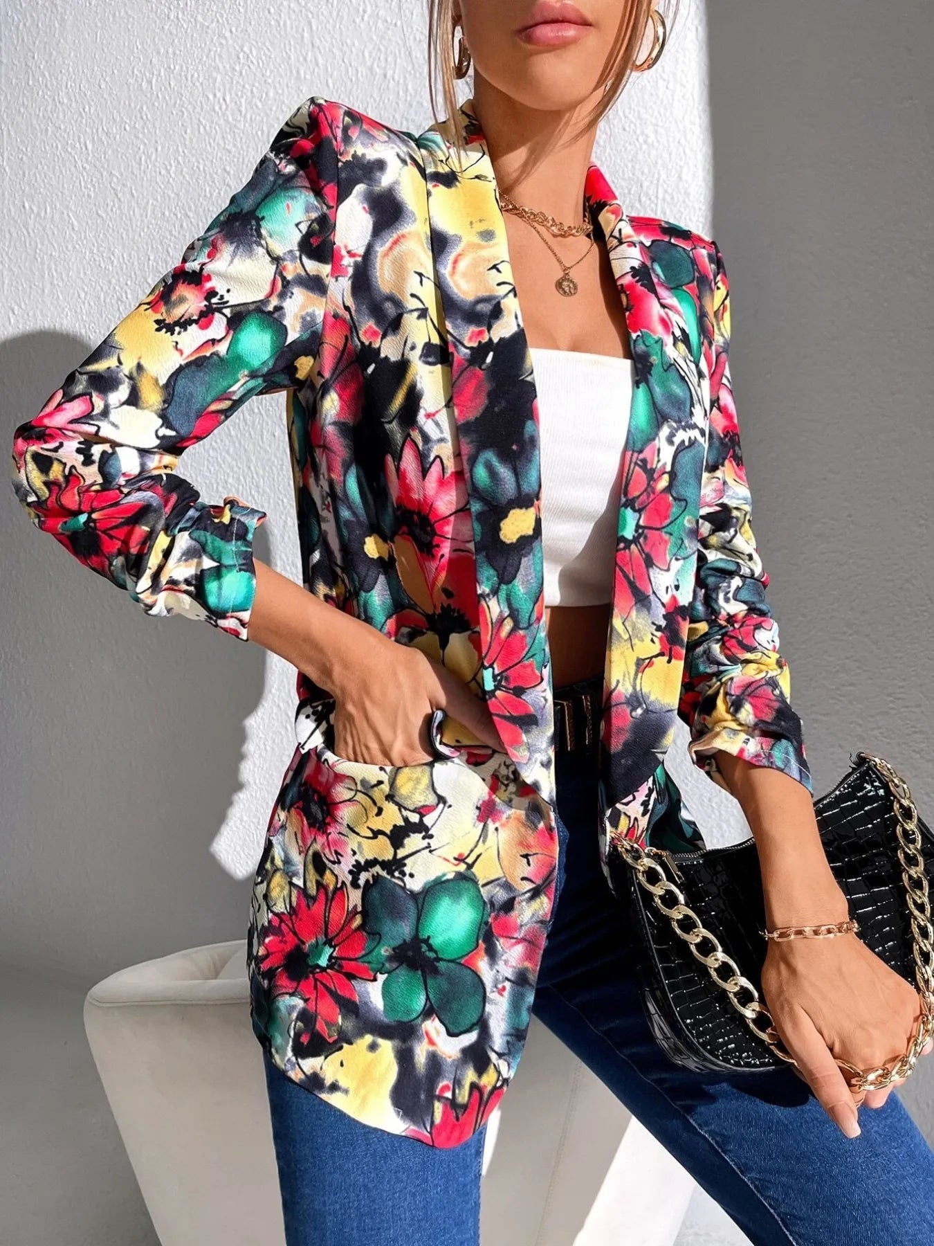 Vibrant Floral Open Front Blazer – Lightweight & Chic
