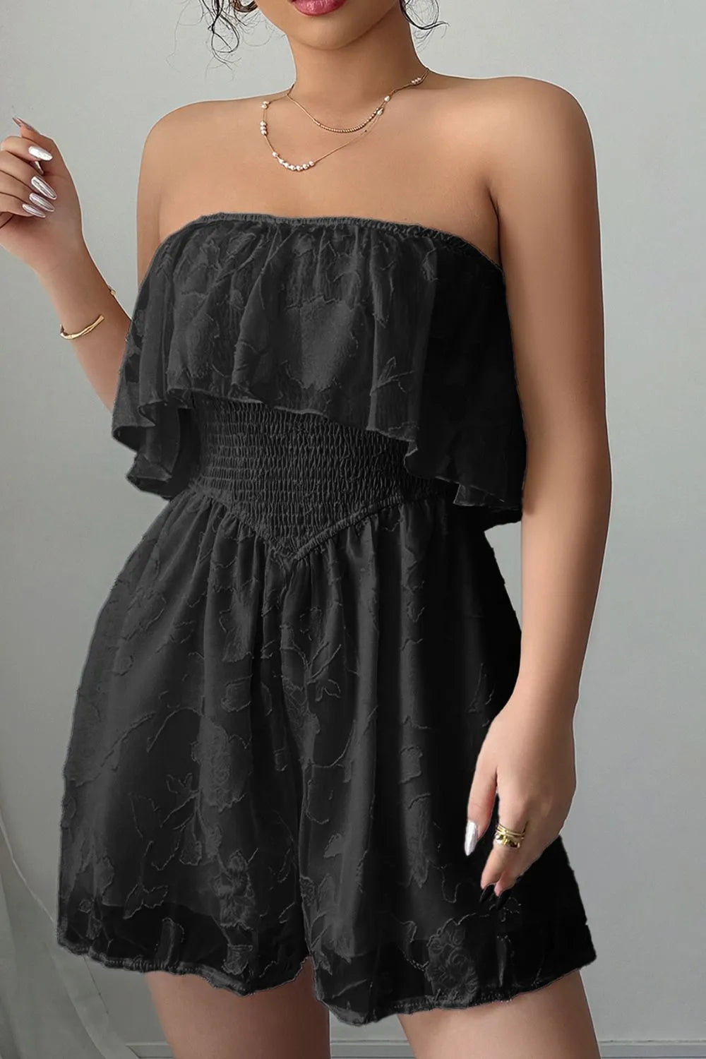 Strapless Ruffle Smocked Waist Romper Black