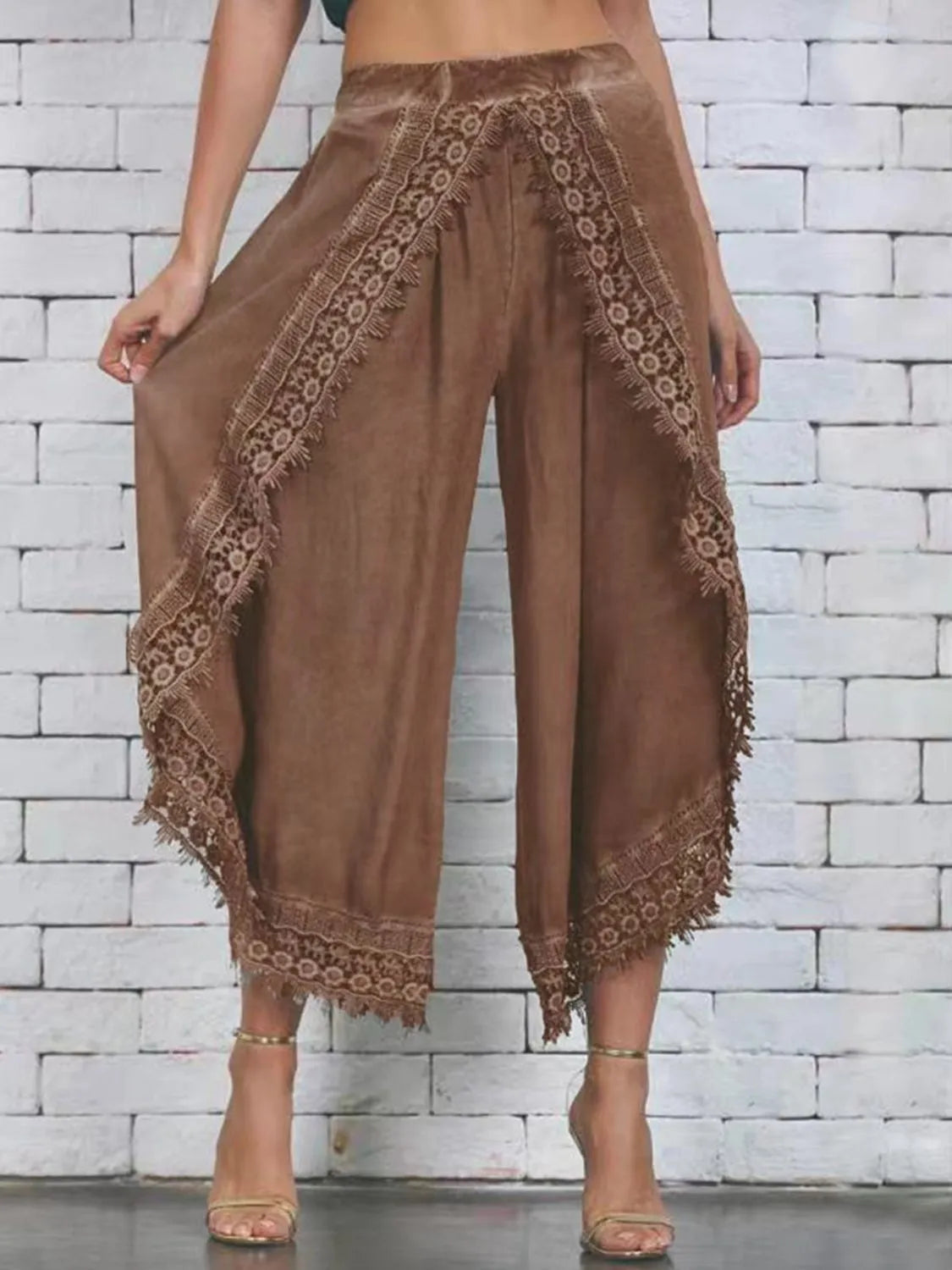 Full Size Lace Detail Wide Leg Pants Caramel