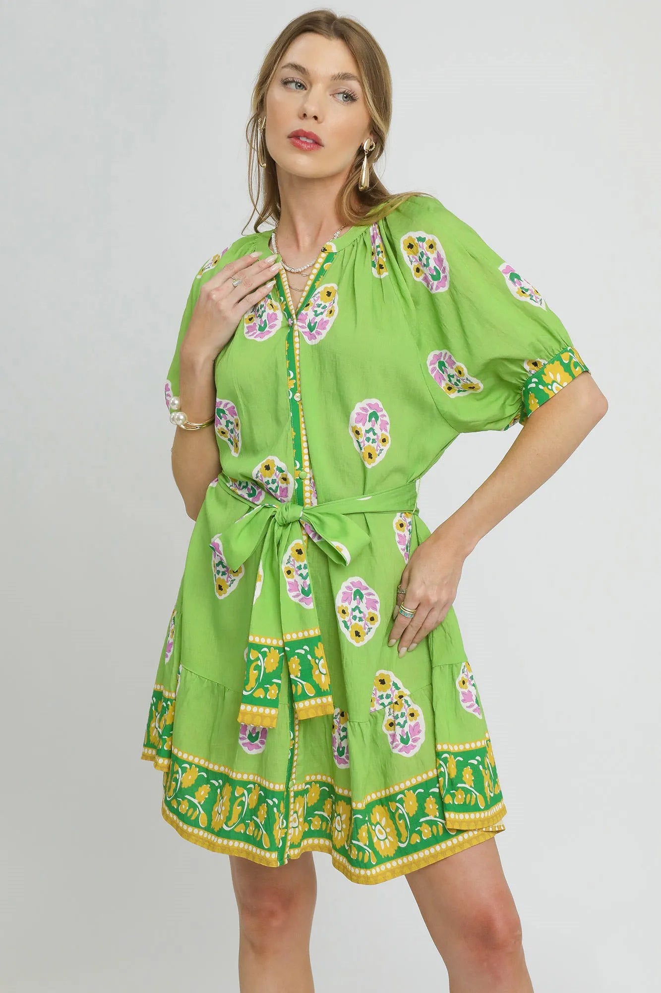 Umgee Boho Floral Tie Waist Shirt Dress Neon Green