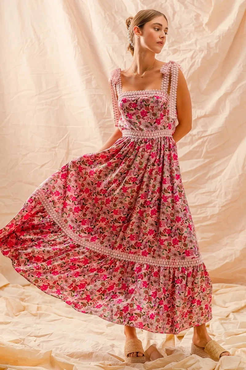 SO ME Floral Maxi Dress with Ribbon Tie Lace Strap – Boho Summer Tiered Dress Hot Pink