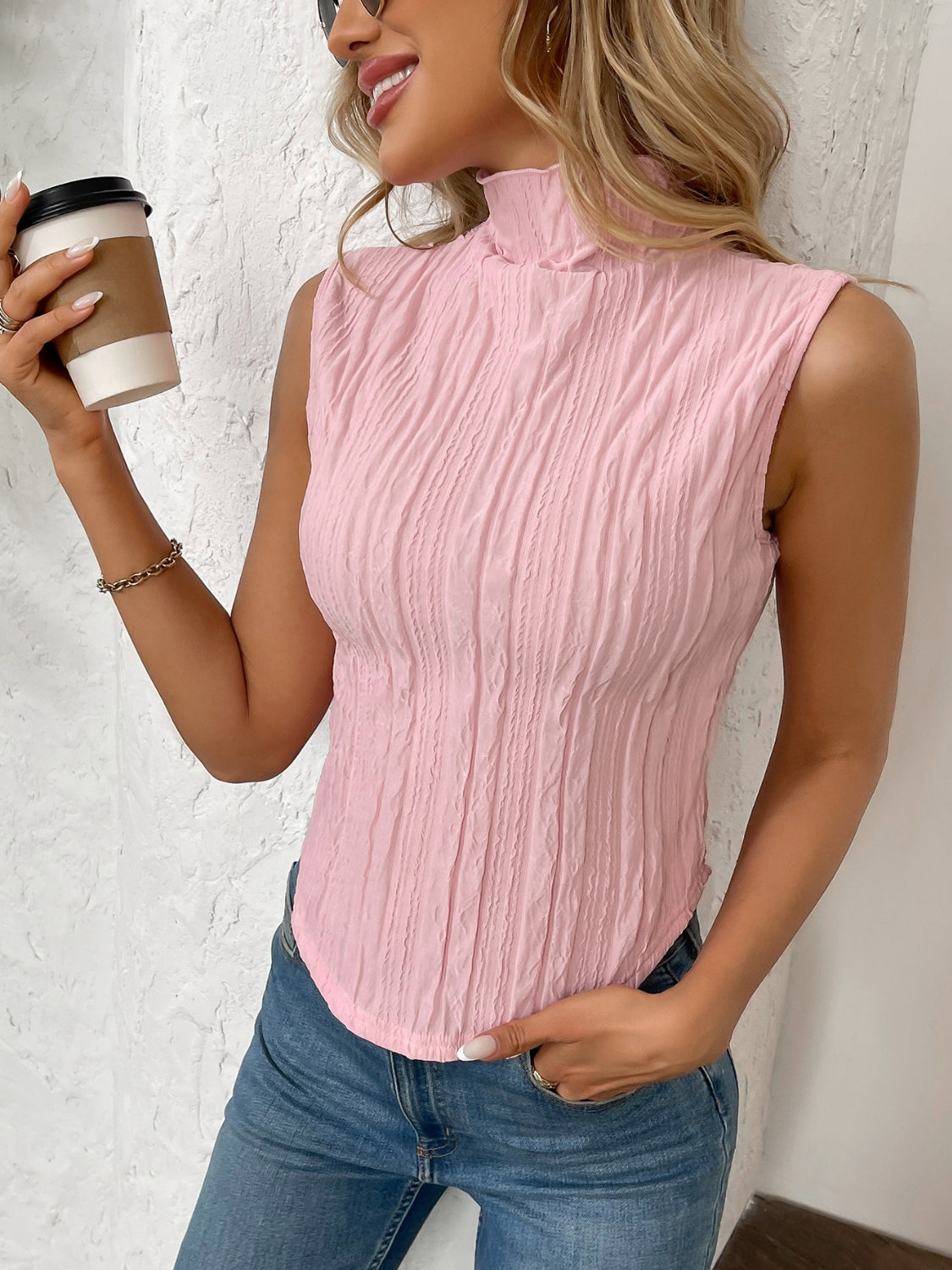 Texture Turtleneck Sleeveless Top - Chic & Versatile
