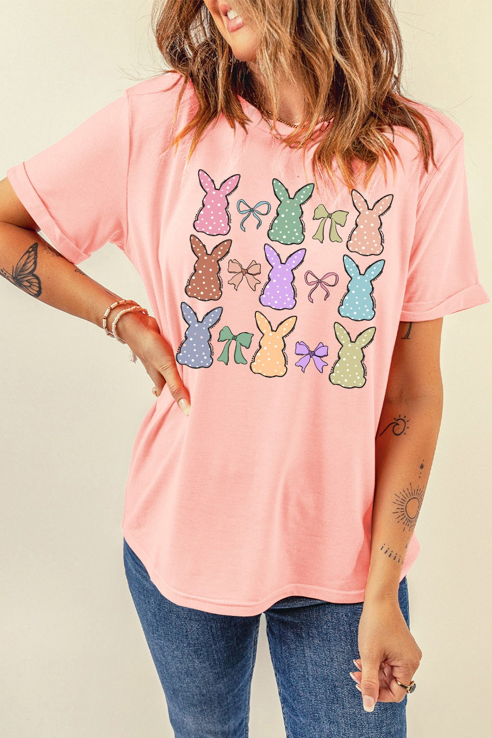 Dotty Bunny Bow Graphic T-Shirt - Cute Easter Tee for Women