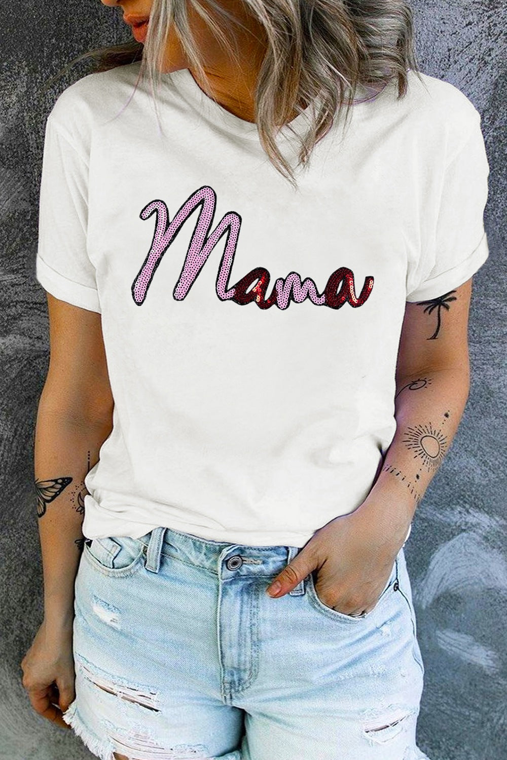 MAMA Sequin Round Neck T-Shirt - Sparkly & Stylish Casual Tee