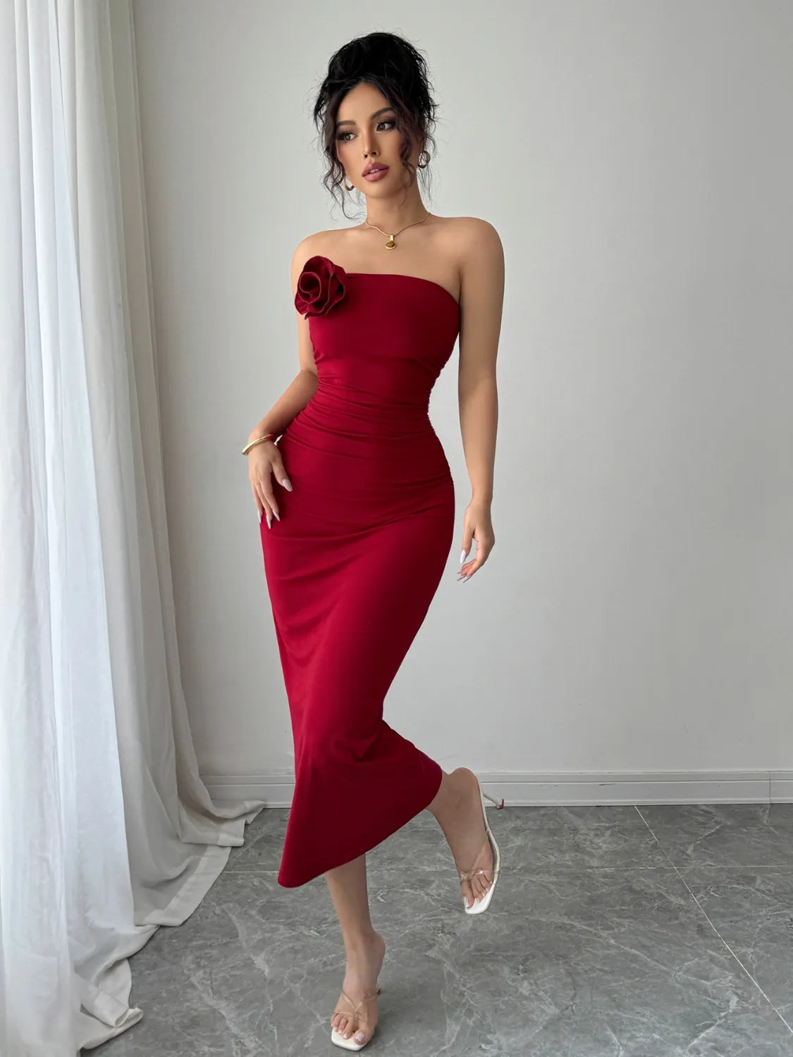 BloomBack Slit Back Floral Tube Midi Dress