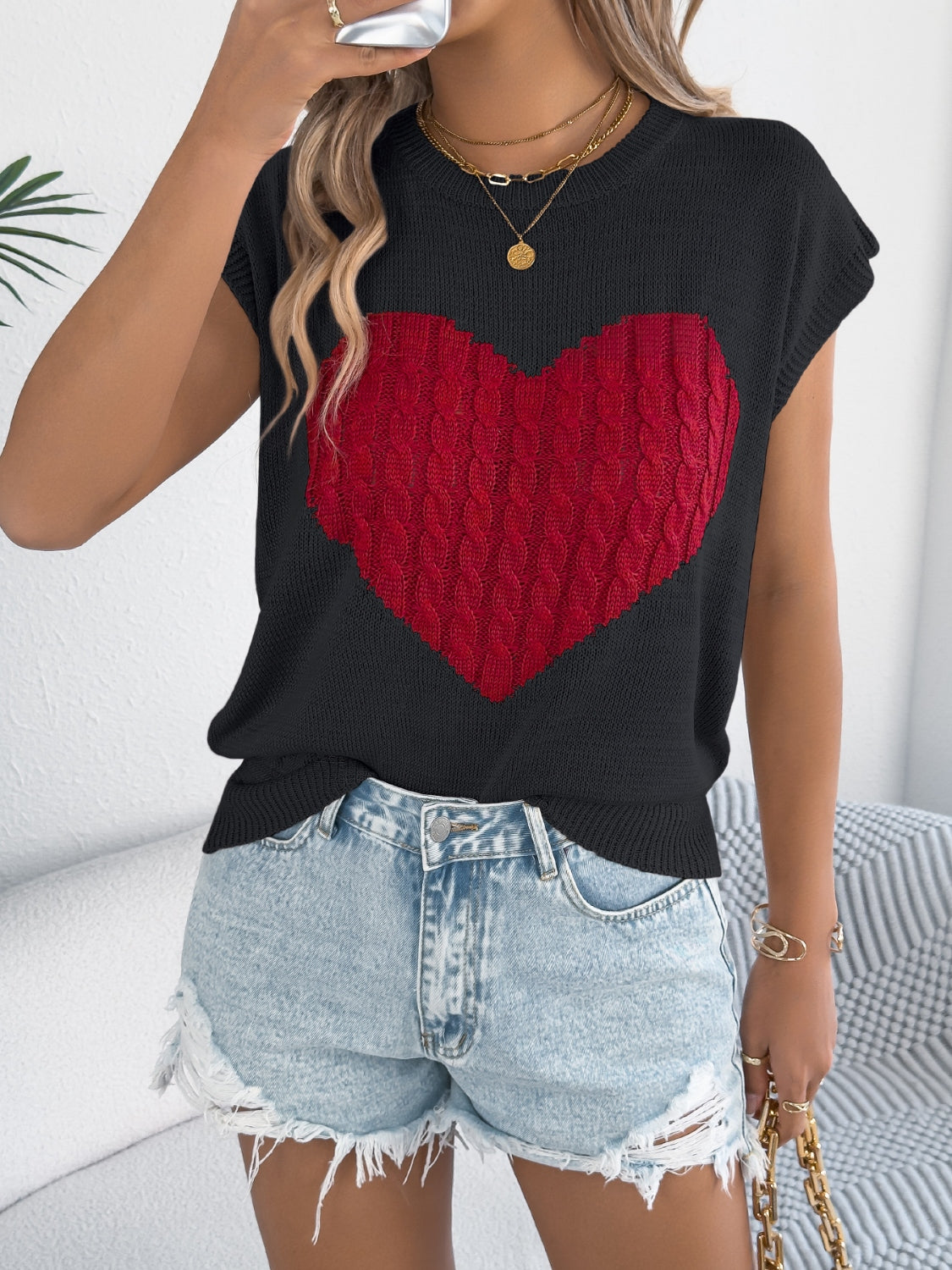Cable Knit Heart Cap Sleeve Top - Soft & Stylish