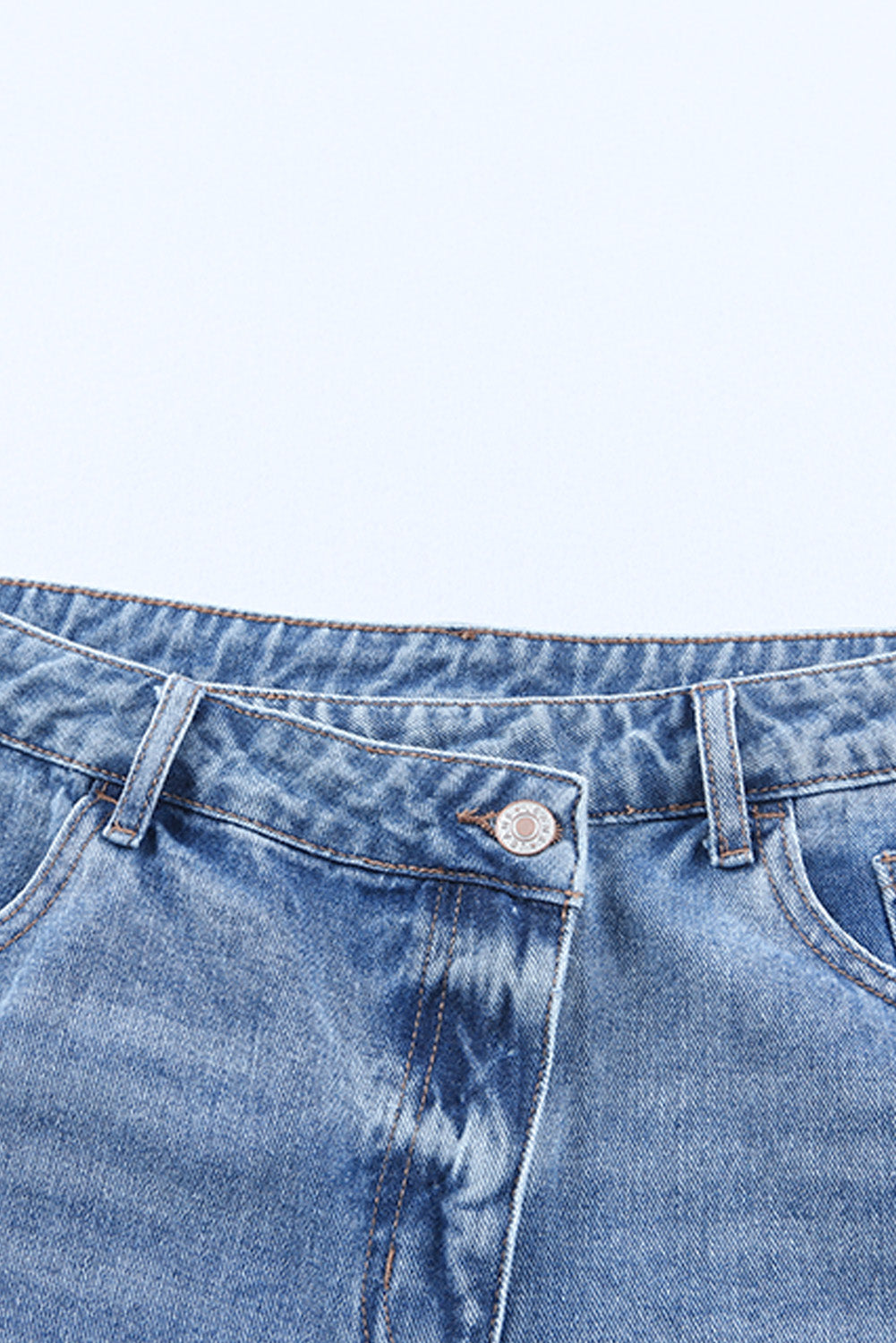 High-Rise Crossover Waist Denim Shorts - Distressed & Stylish