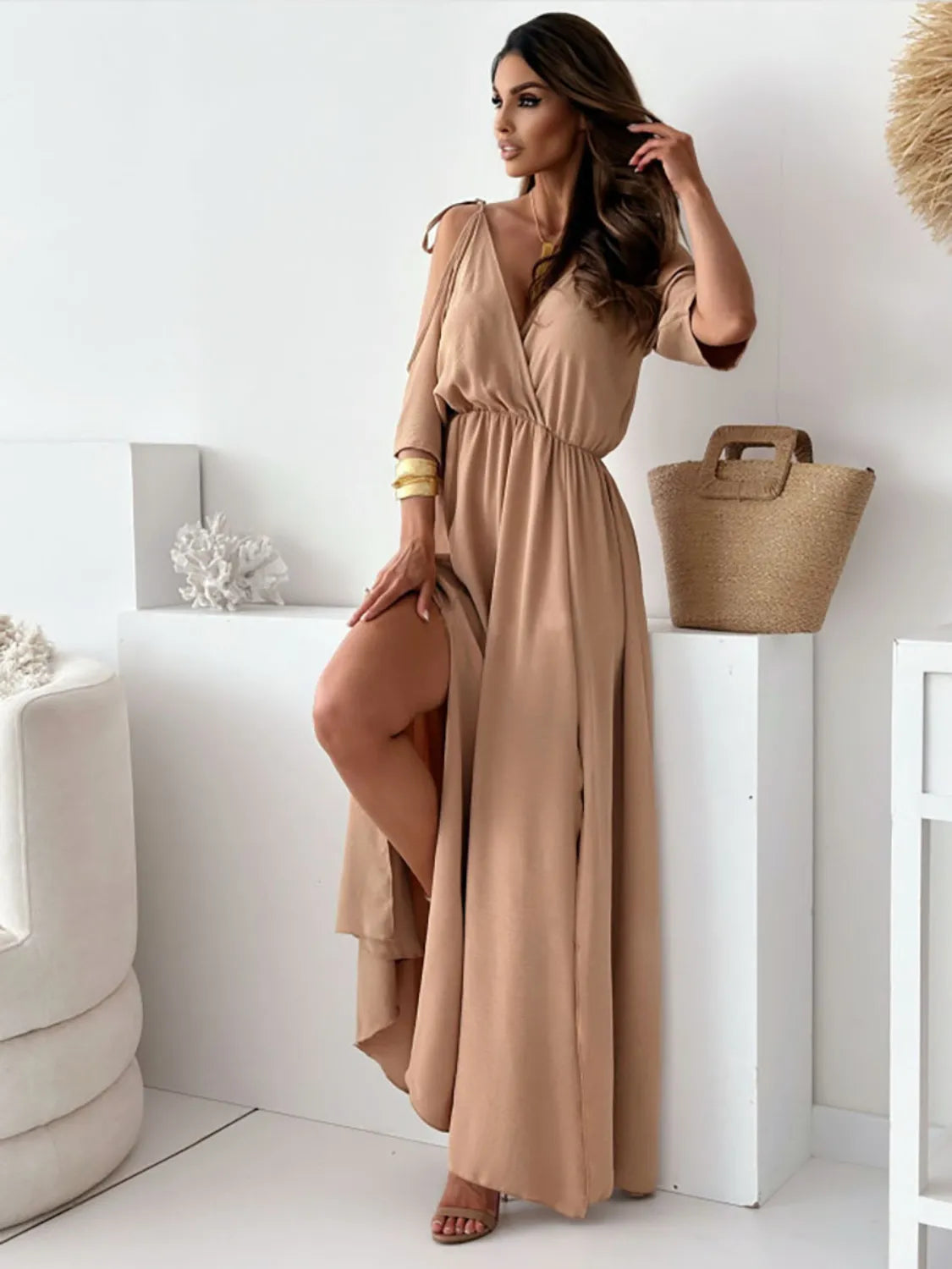 Tied Shoulder Slit Maxi Dress – Flowy & Feminine