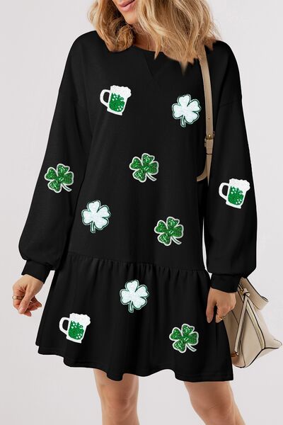 Clover Beer Sequin Ruffle Hem Dress - Festive & Fun Black