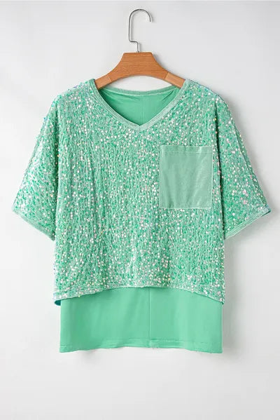 Layered Sequin V-Neck Half Sleeve Top – Shimmer & Shine