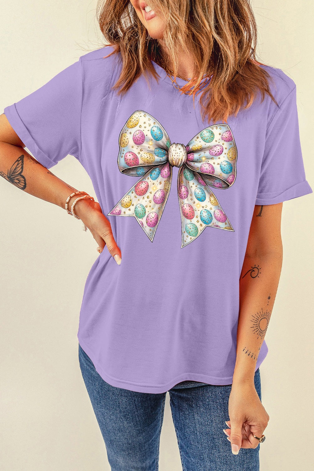Bow Graphic Round Neck T-Shirt - Cute & Trendy Casual Tee Lavender