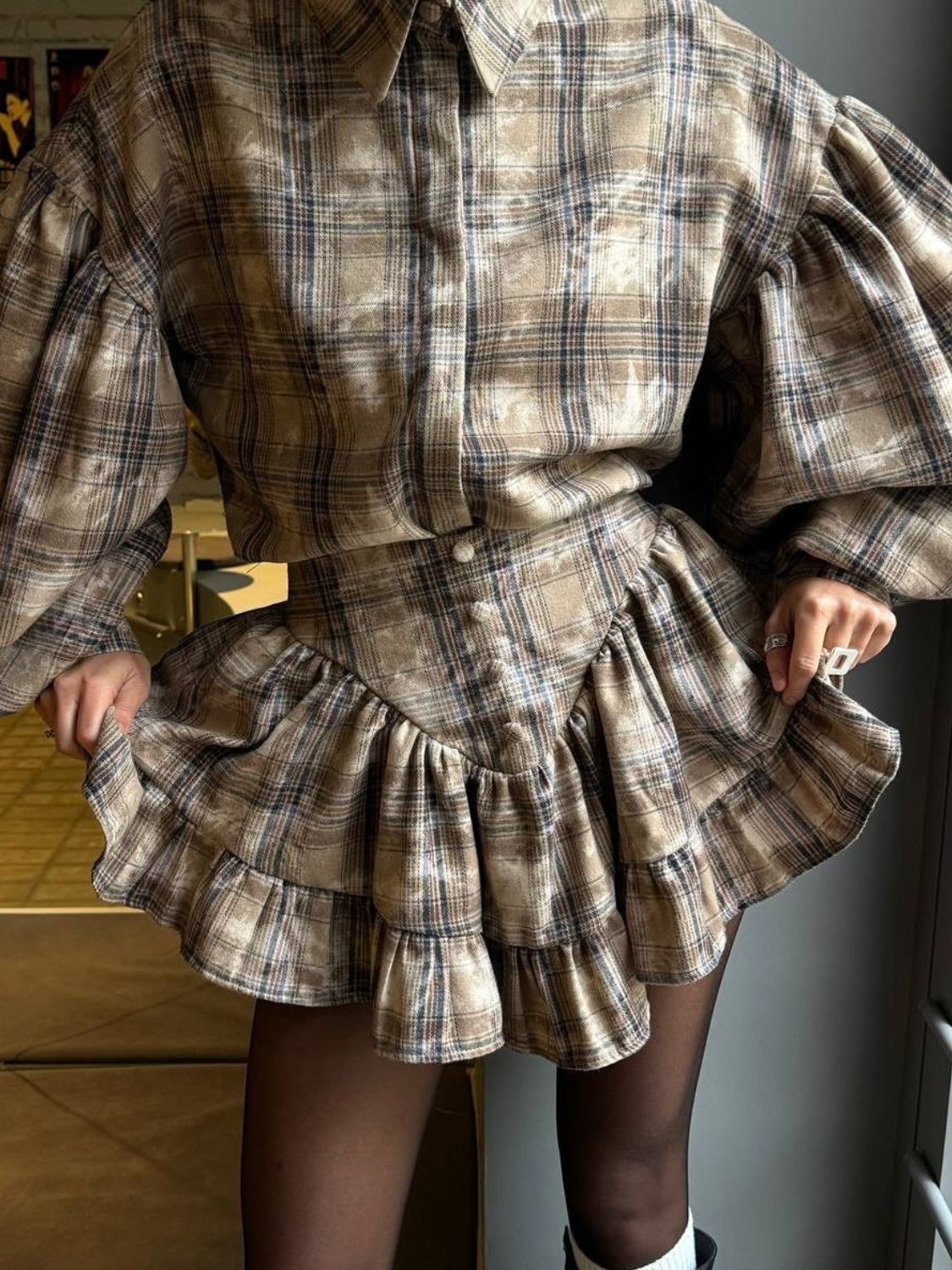 Lantern Sleeve Shirt & Ruffled Skirt Set - Chic & Feminine Beige