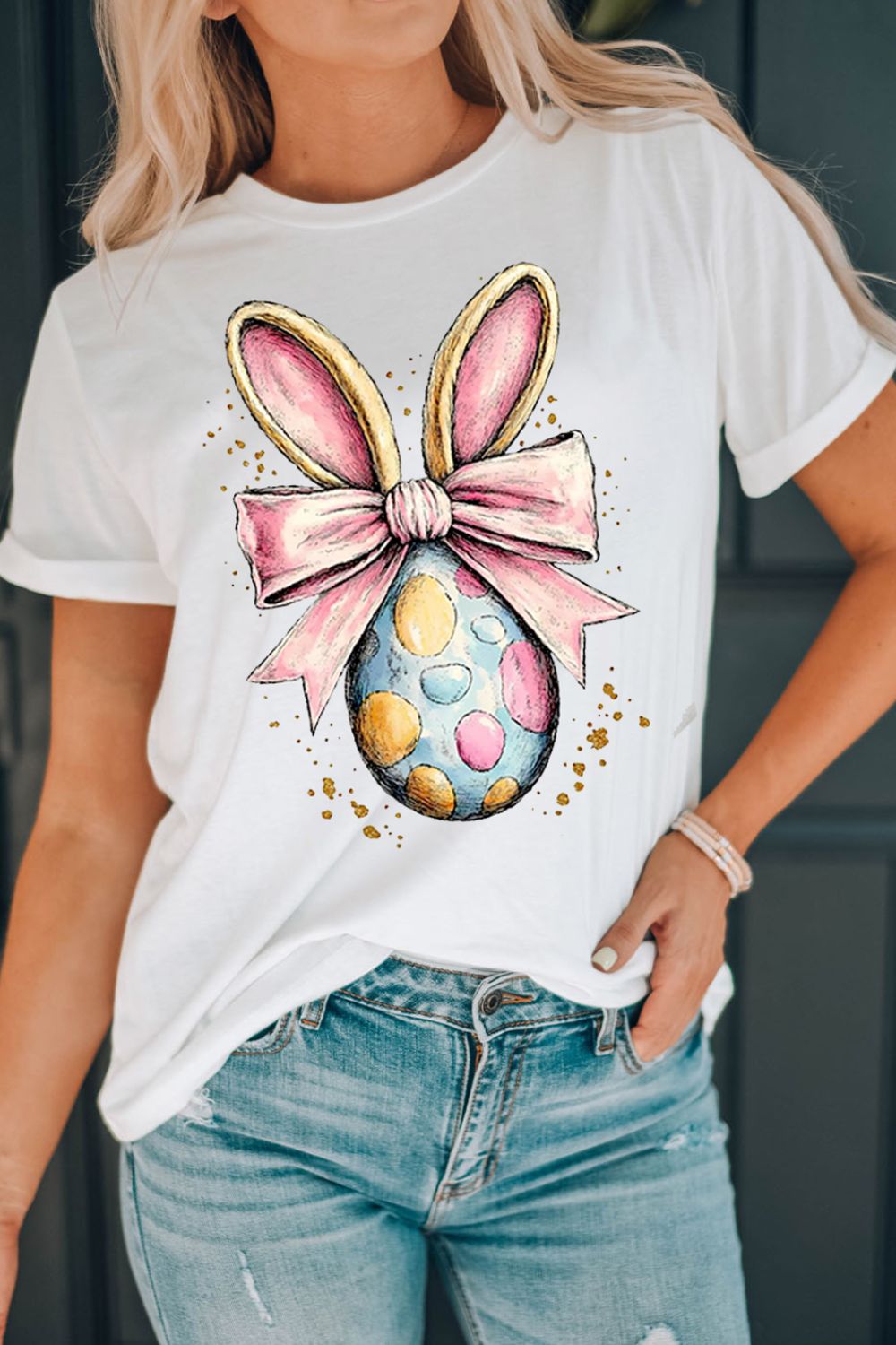 Easter Egg Bow Bunny Ear Graphic T-Shirt - Festive & Cute