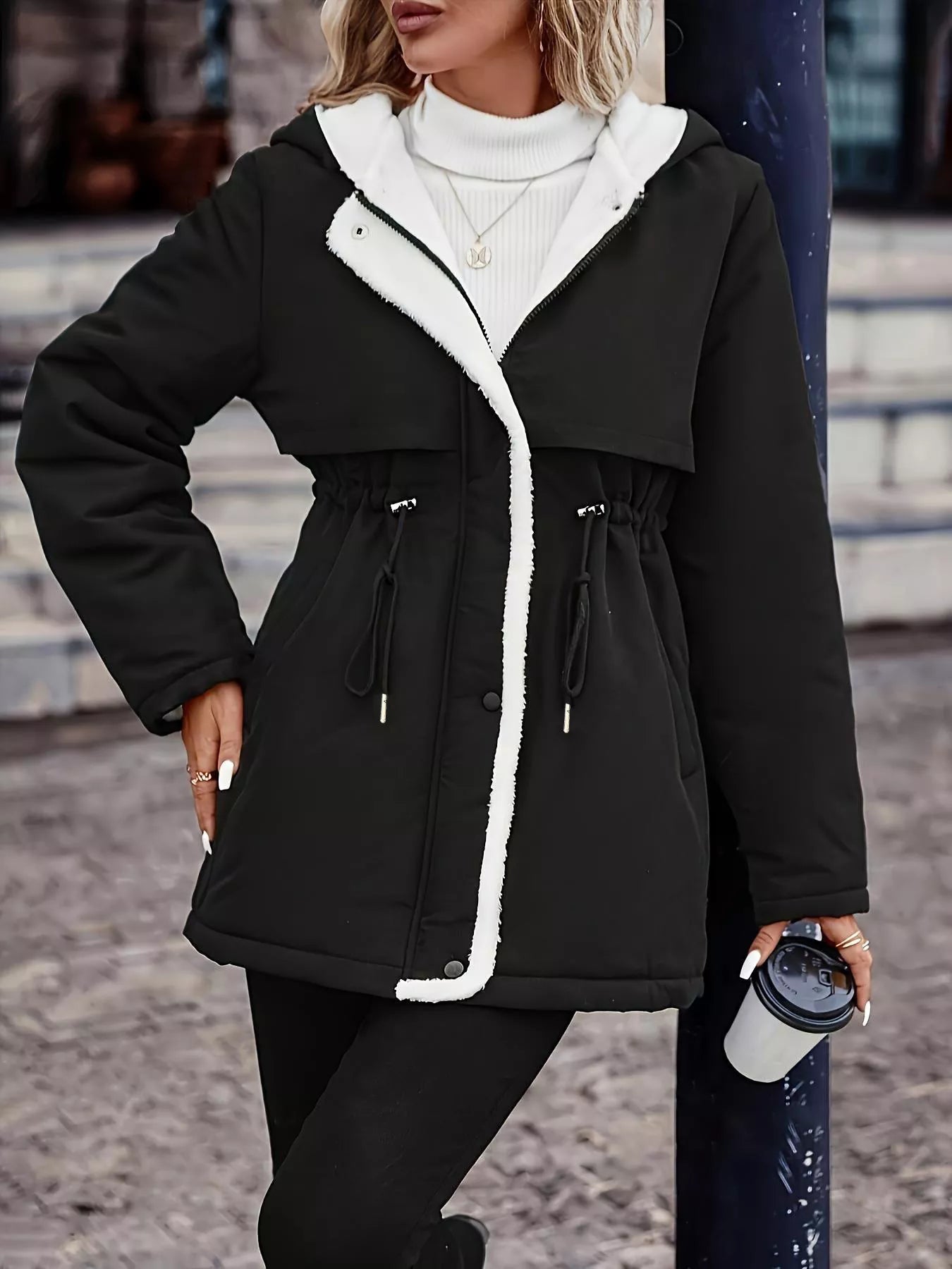 Cozy Drawstring Long Sleeve Hooded Jacket with Zipper & Pockets