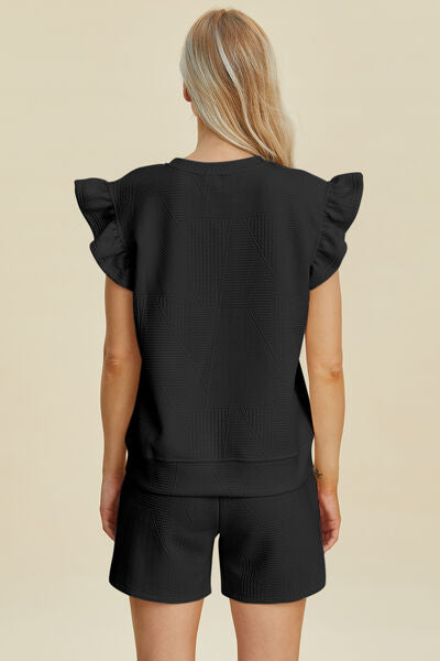 Textured Ruffle Sleeve Top & Shorts Set - Chic & Comfy