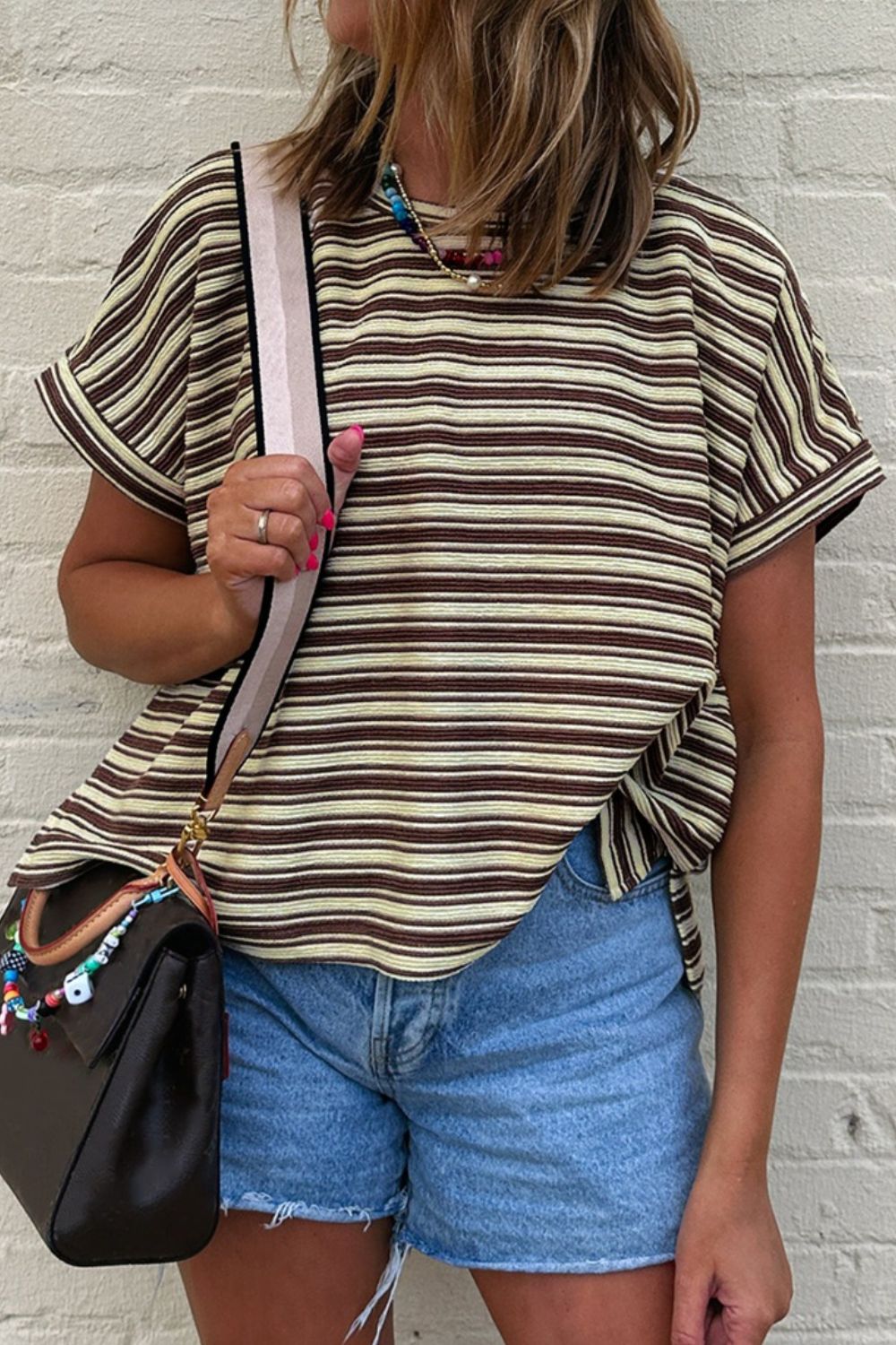 Stripe Textured Crew Neck T-Shirt with Side Slits - Relaxed Fit Coffee Brown