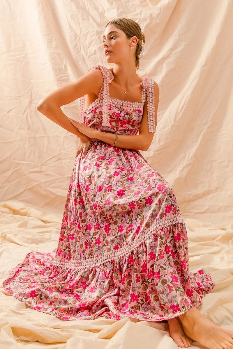 SO ME Floral Maxi Dress with Ribbon Tie Lace Strap – Boho Summer Tiered Dress